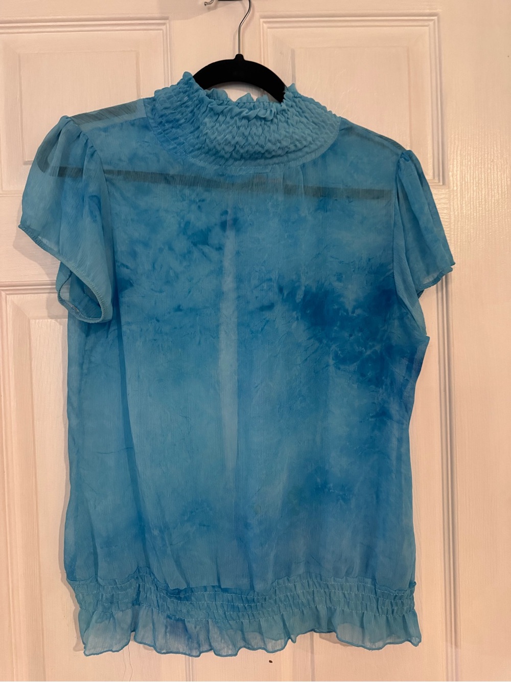 Blue Smocked Neck Short Sleeve Sheer Blouse